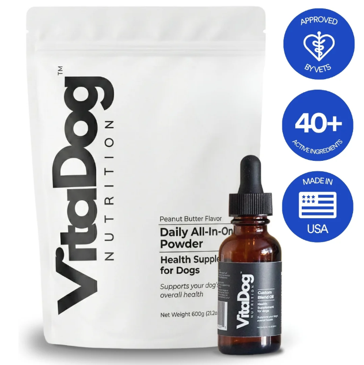 VitaDog Daily All-in-One supplement system — nutrient powder and fresh omega oil